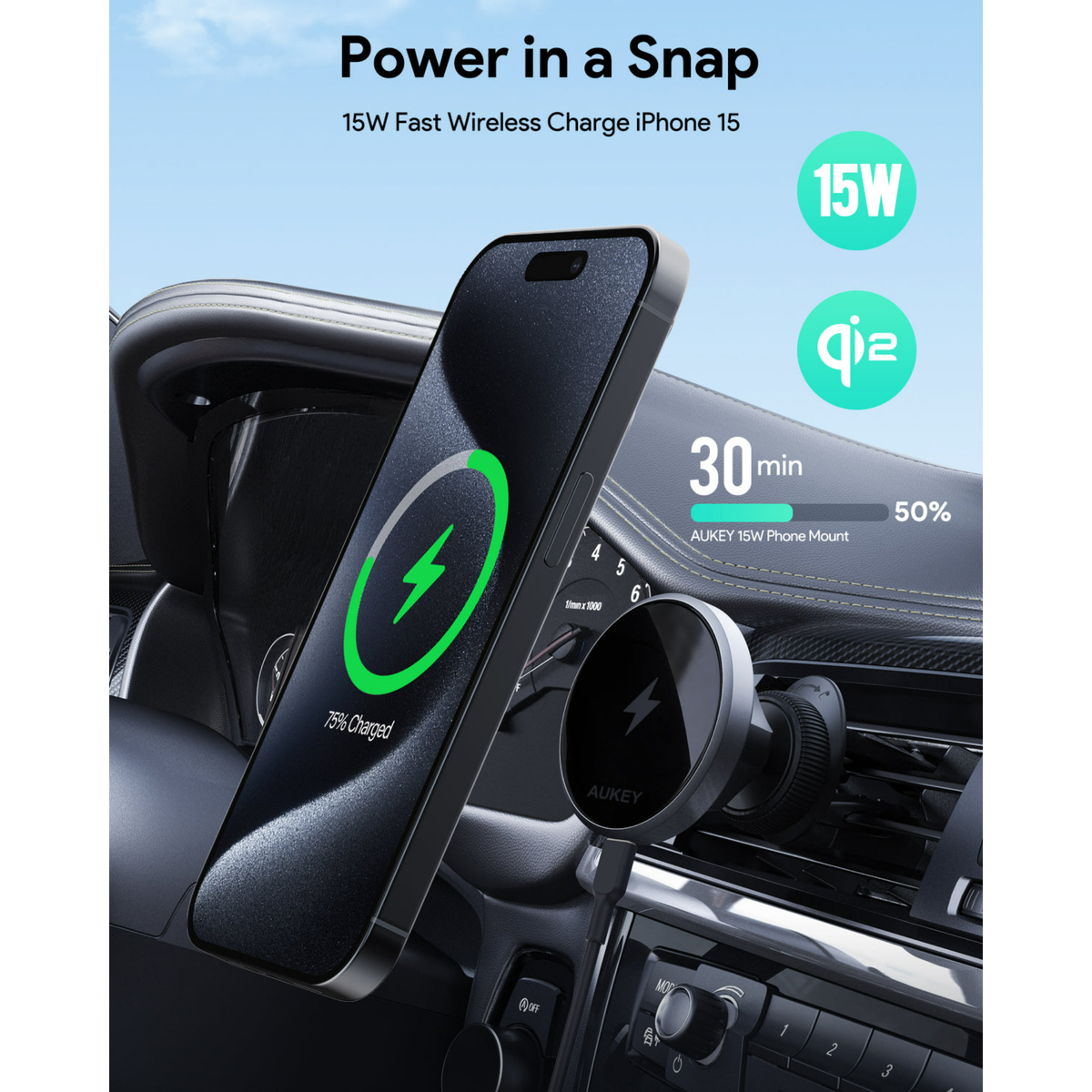 Aukey MagFusion Dash Qi2 Magnetic Fast Wireless Charging Phone Mount, HD-MC13