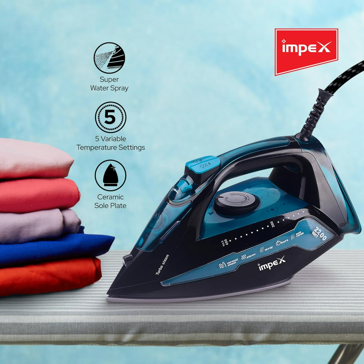 Impex Electric Steam Iron Box, 2300 W, Black/Blue, IBS 404