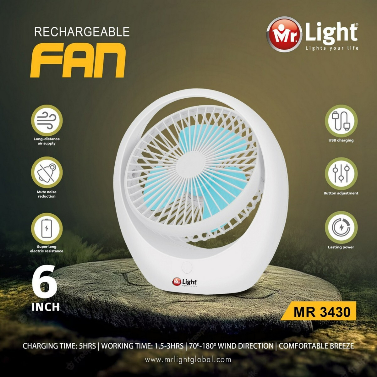 Mr.Light Rechargeble Fan, 6 inches, MR3430