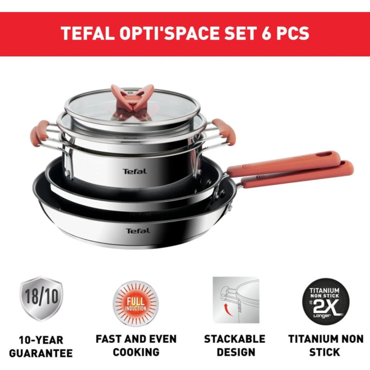 Tefal OPTI'space Stainless Steel Cookware Set, 6 pcs(Including Lids), Silver