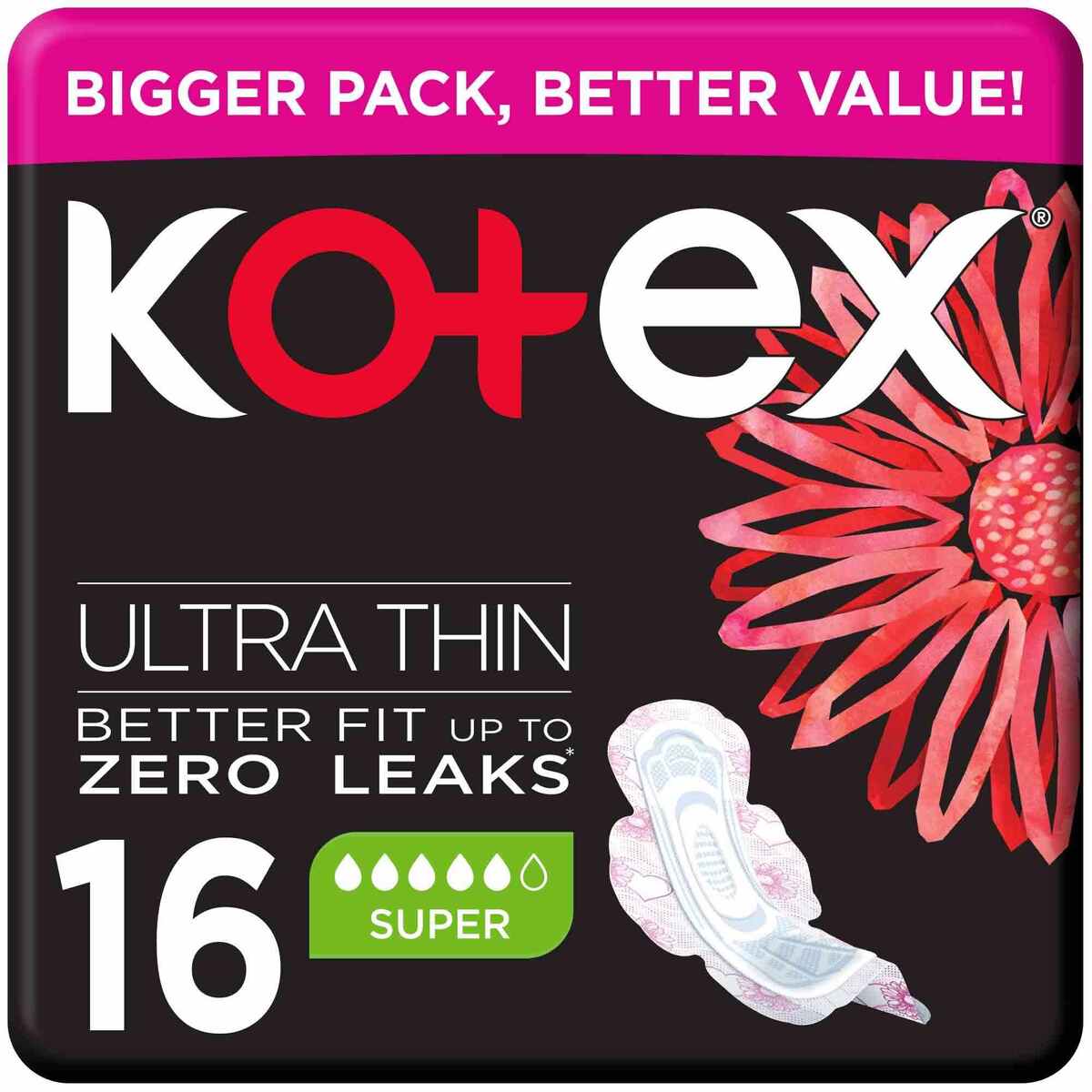 Kotex Natural Ultra Thin 100% Cotton Super Size Sanitary Pads with Wings 16 pcs