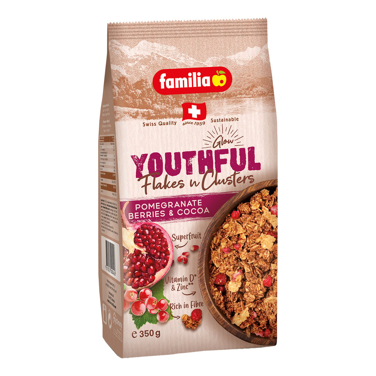 Familia Youthful Pomegranate, Berries & Cocoa Flakes N Clusters Cereal 350 g