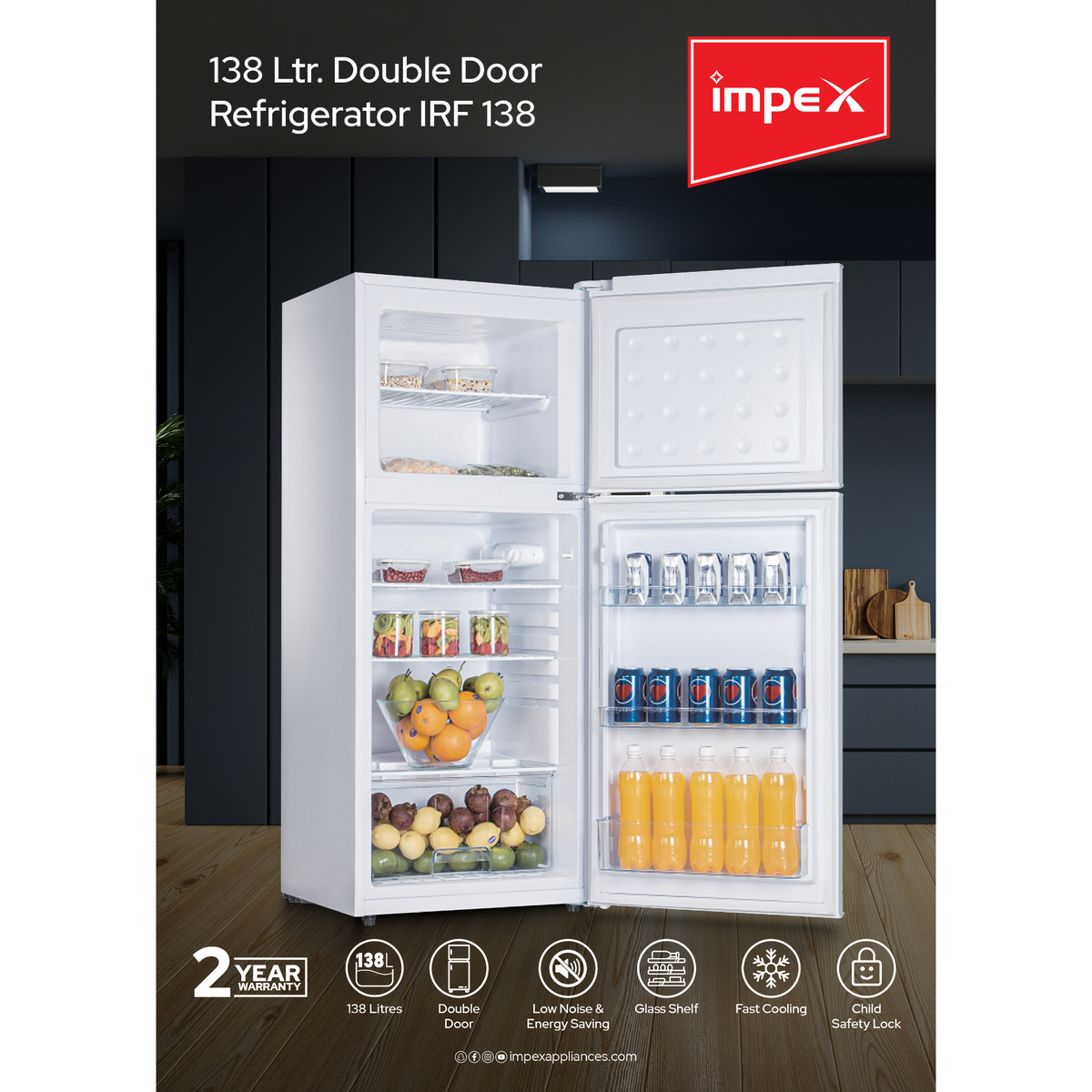 Impex Double Door Refrigerator, 132L, White, IRF138