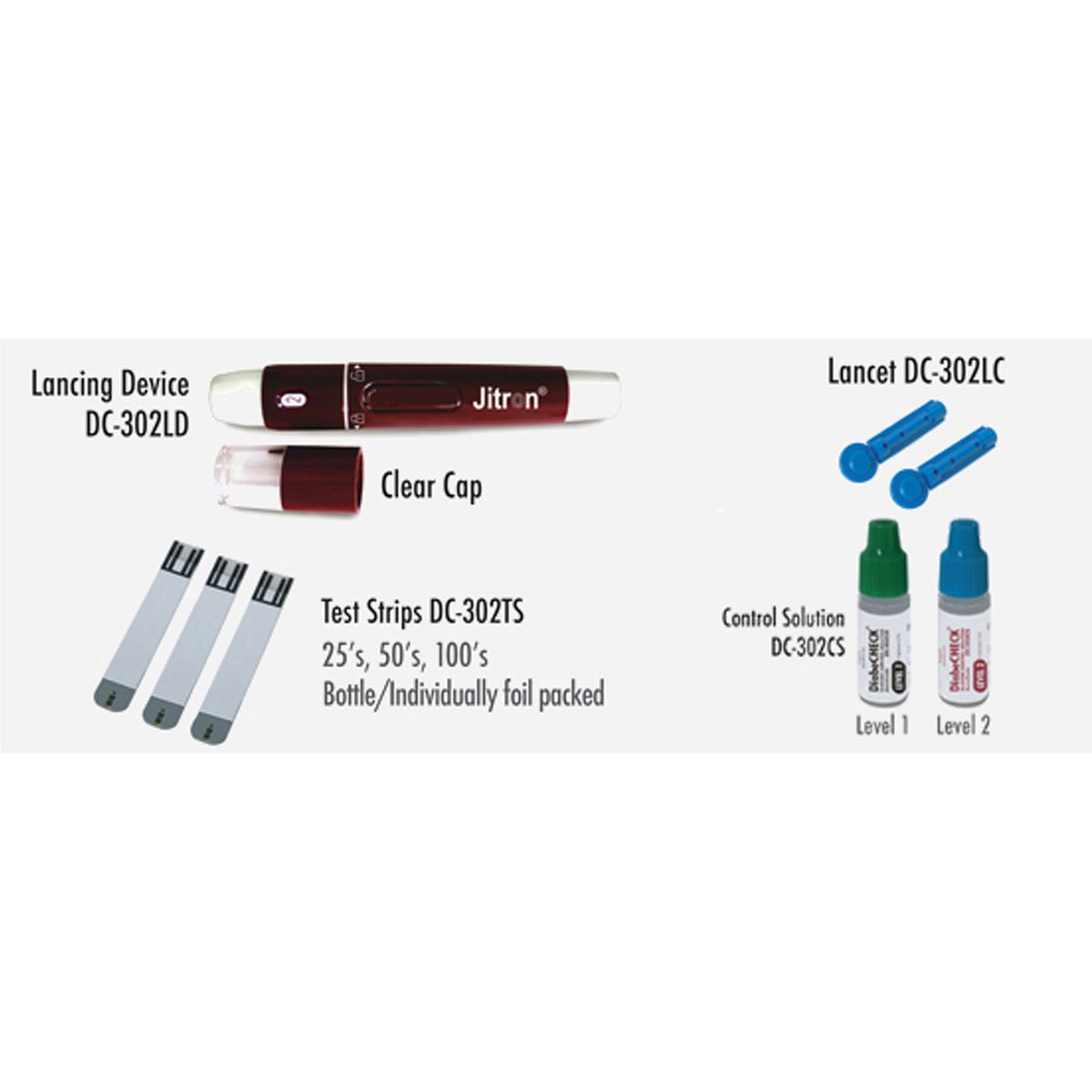 Jitron DiabeCheck Blood Glucose Monitoring System, DC- 302MS + 50 Test Strips+ 1 pc Lancing Device+ 25pc Lancets