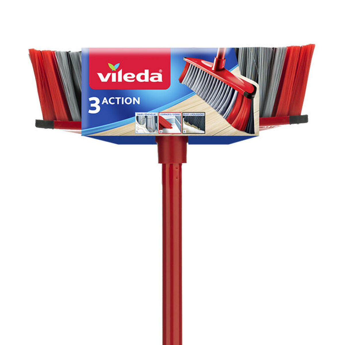 Vileda 3Action Broom with Stick, Red,VB0055