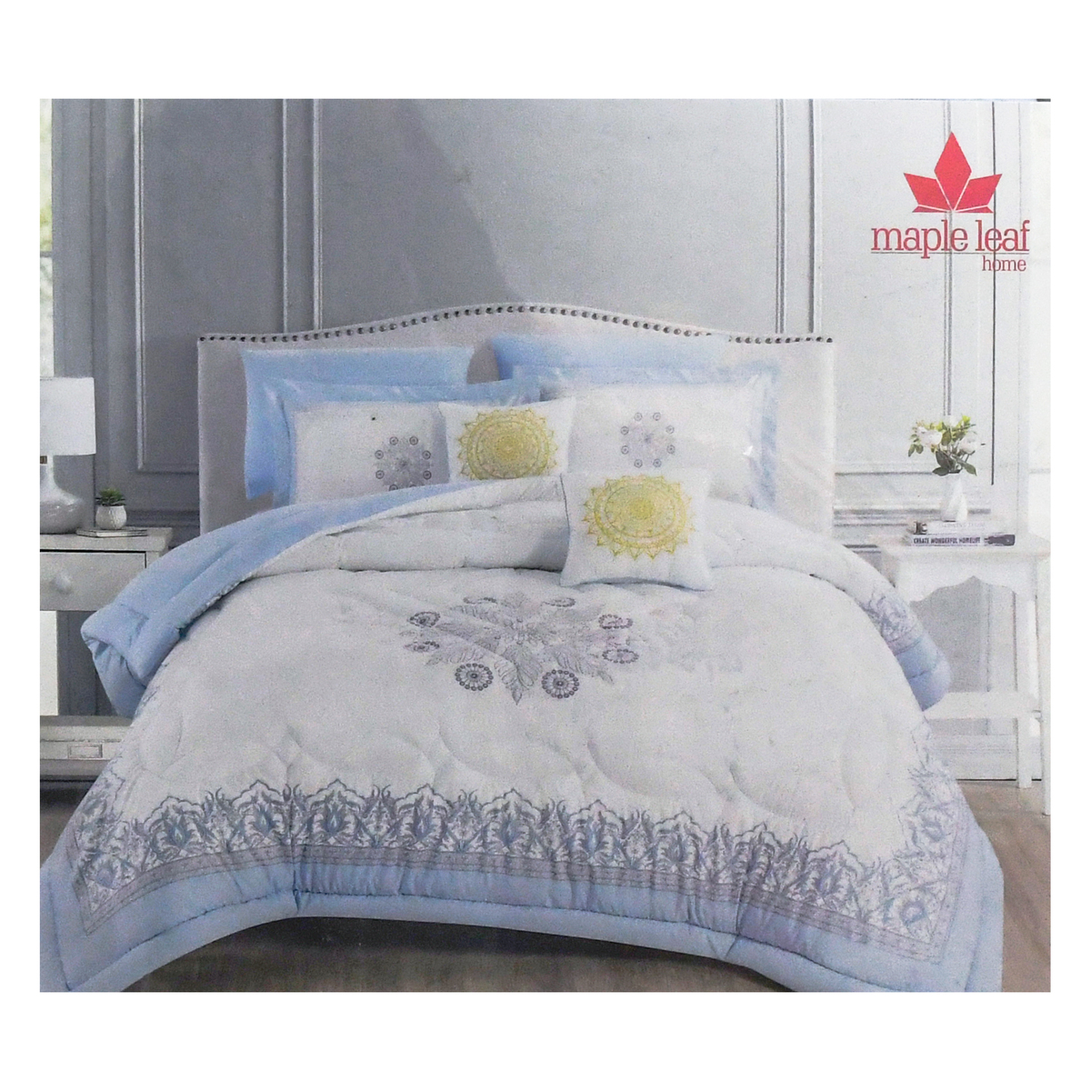 Maple Leaf 8 pc Printed Comforter Set, 240 x 260 cm, Blue, MERAKI 21