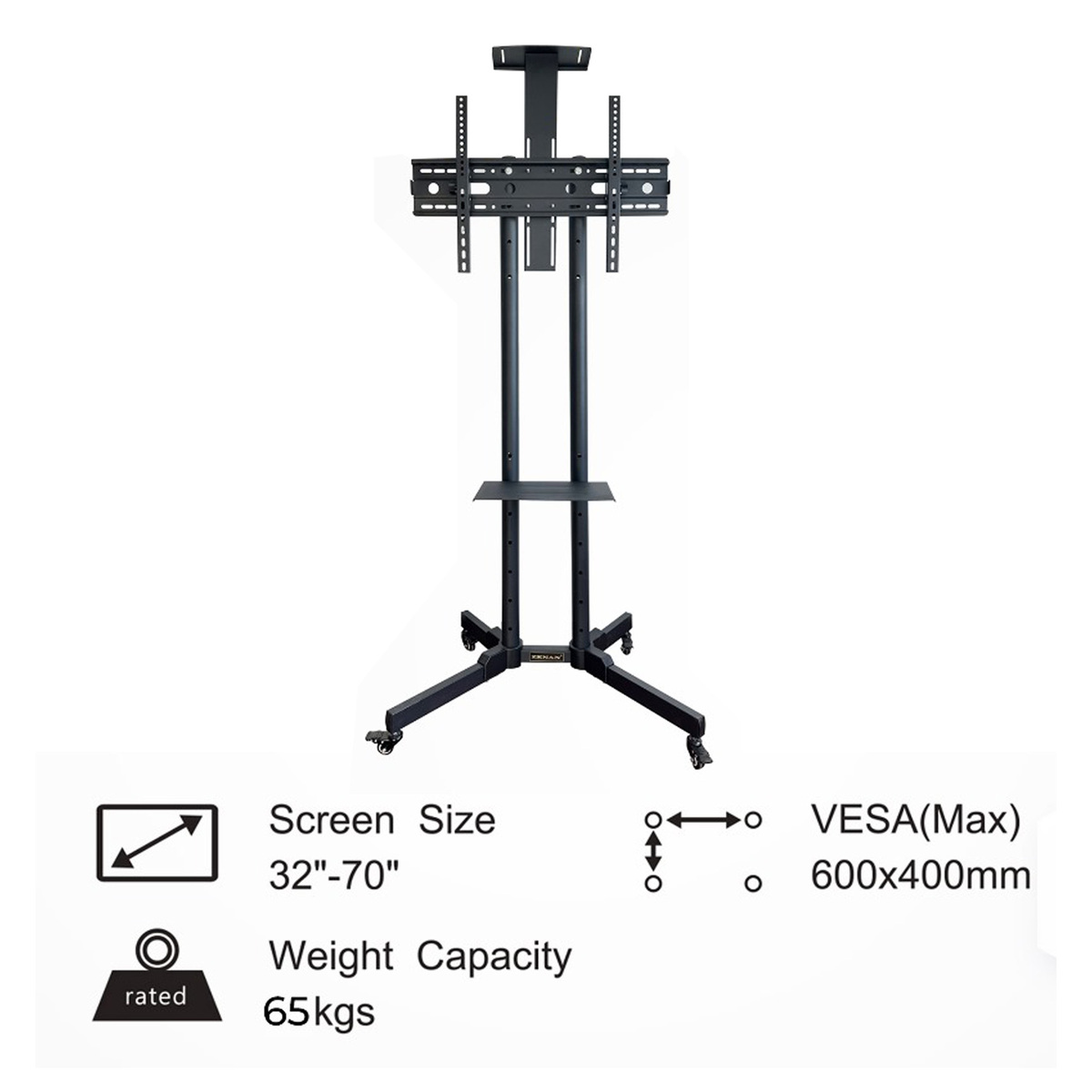 Zenan TV Stand, Screen Size 32 - 70 Inches, Upto 65 Kg Weight Capacity, Glass Shelf, Castor Wheels, Black, ZTS-CD800S