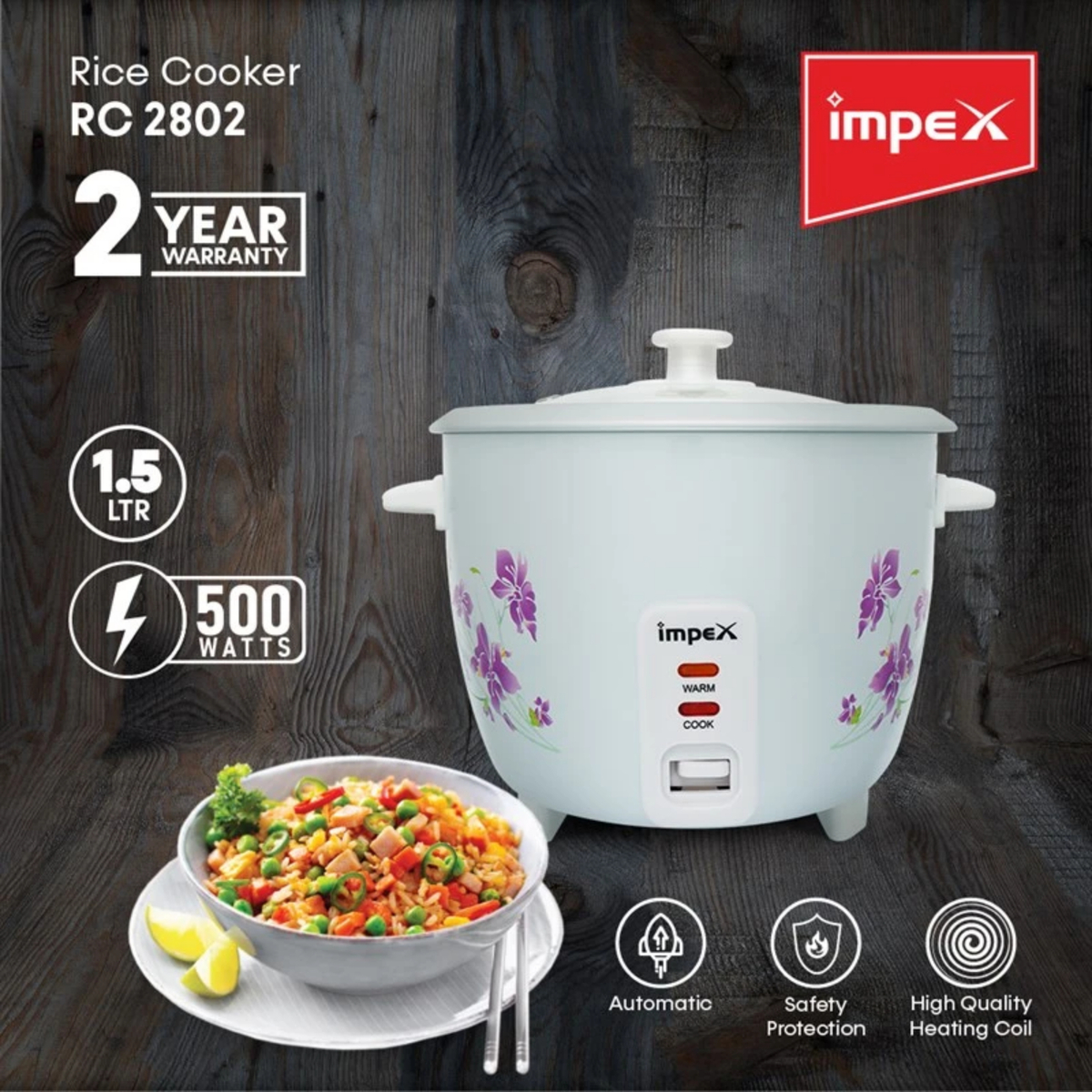 Impex Rice Cooker, 1.5 L, White, RC 2802