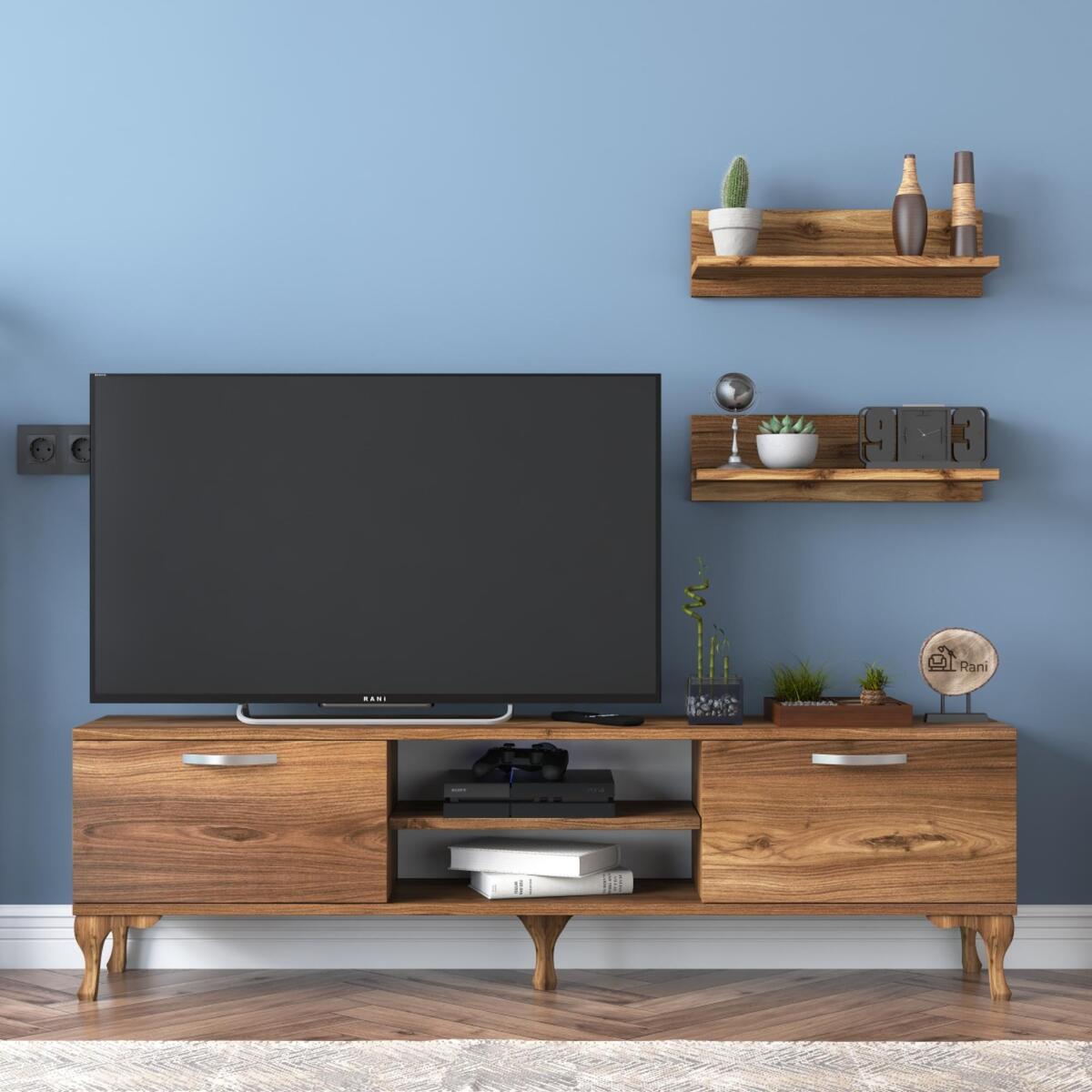 Home Canvas Stand with Wall Shelf TV Unit with Bookshelf Modern Pedestal Design 150 cm - Walnut 2043