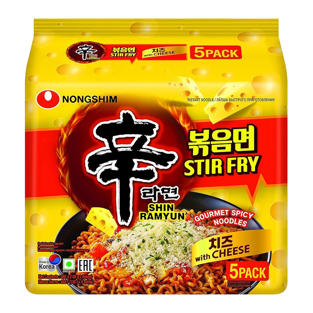 Nongshim Stir Fry Shin Ramyun Noodles With Cheese 5 x136 g