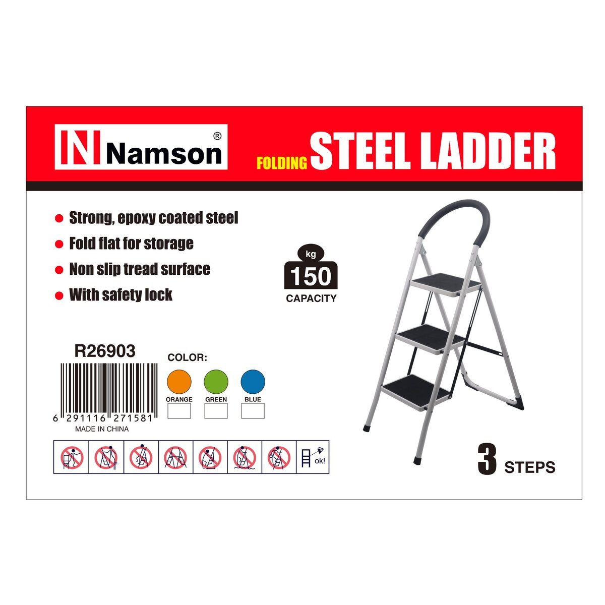 Namson Foldable 3 Step Steel Ladder with Non Slip Grip & Safety Lock, R26903