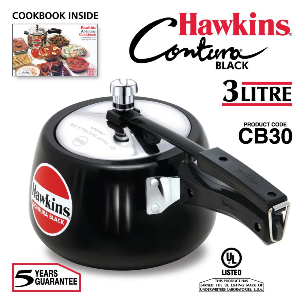 Hawkins Hard Anodised Aluminum Pressure Cooker Contura CB30 3L Black