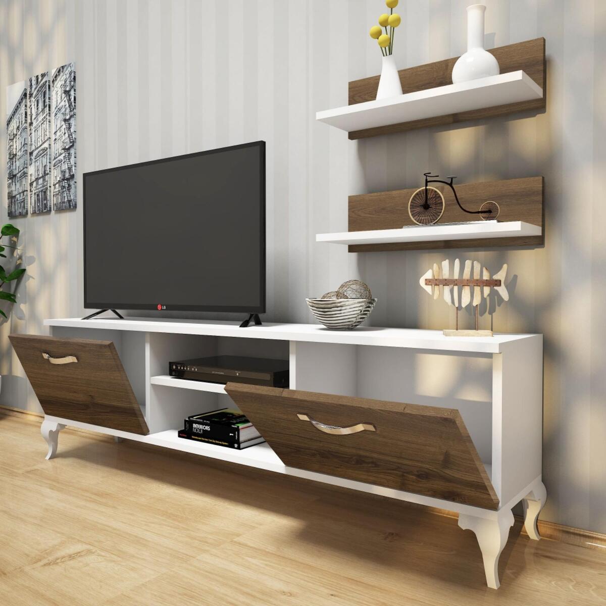 Home Canvas TV Stand with Wall Shelf TV Unit with Bookshelf Modern Pedestal Design 150 cm - Walnut with White Leg (White-Antique) 55