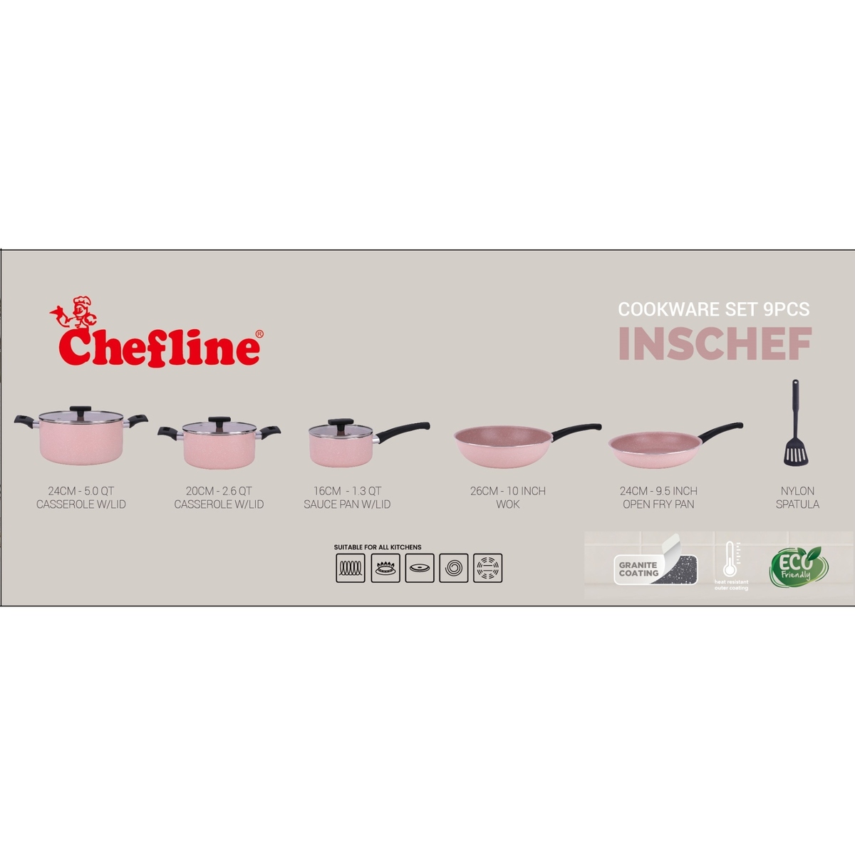 Chefline Non Stick Cookware with Granite Coating, 9 pcs, Sage, NAK09
