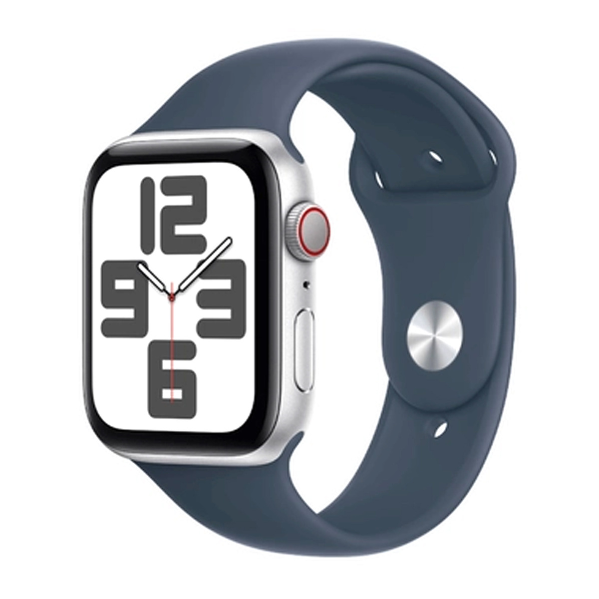 Apple Watch SE GPS + Cellular, Silver Aluminium Case with Storm Blue Sport Band, 44 mm, S/M, MRHF3