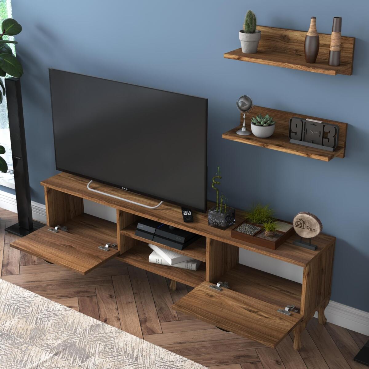 Home Canvas Stand with Wall Shelf TV Unit with Bookshelf Modern Pedestal Design 150 cm - Walnut 2043