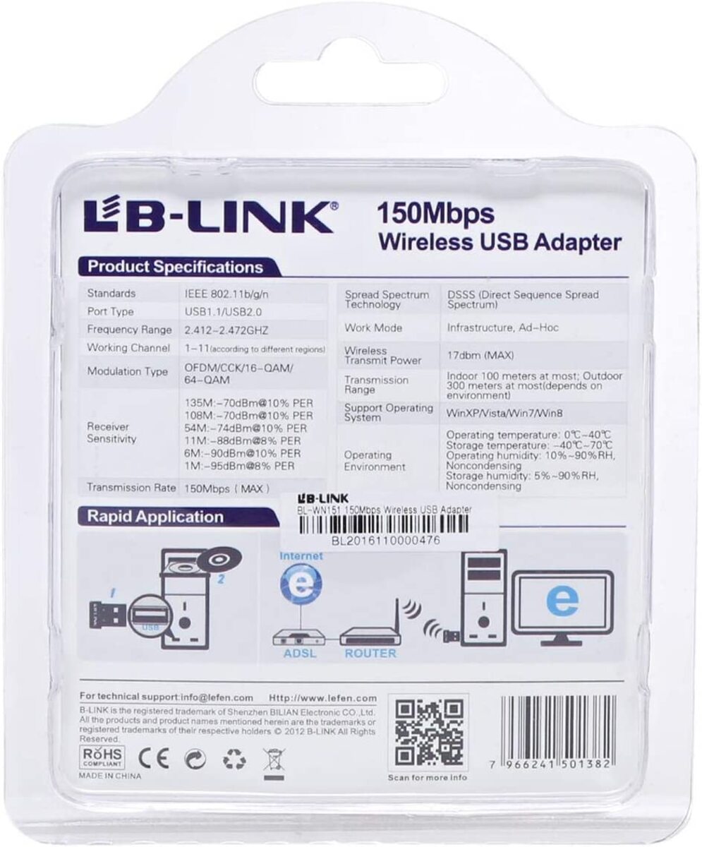 Generic LB-link USB 802.11n 150mbps Mini Wireless LAN Adapter Bl-wn151, Black