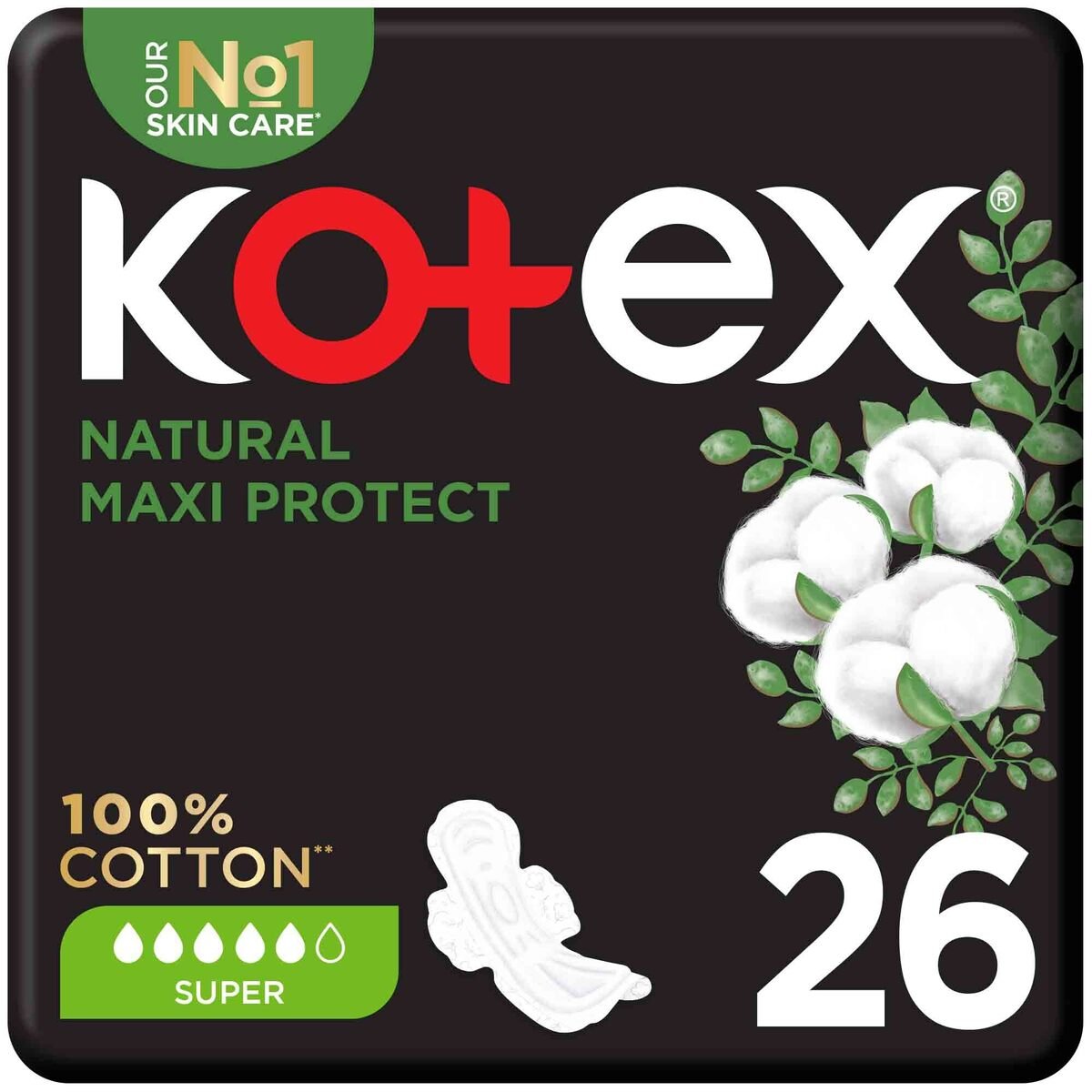 Kotex Natural Maxi Protect Thick 100% Cotton Pad Super Size with Wings 26 pcs