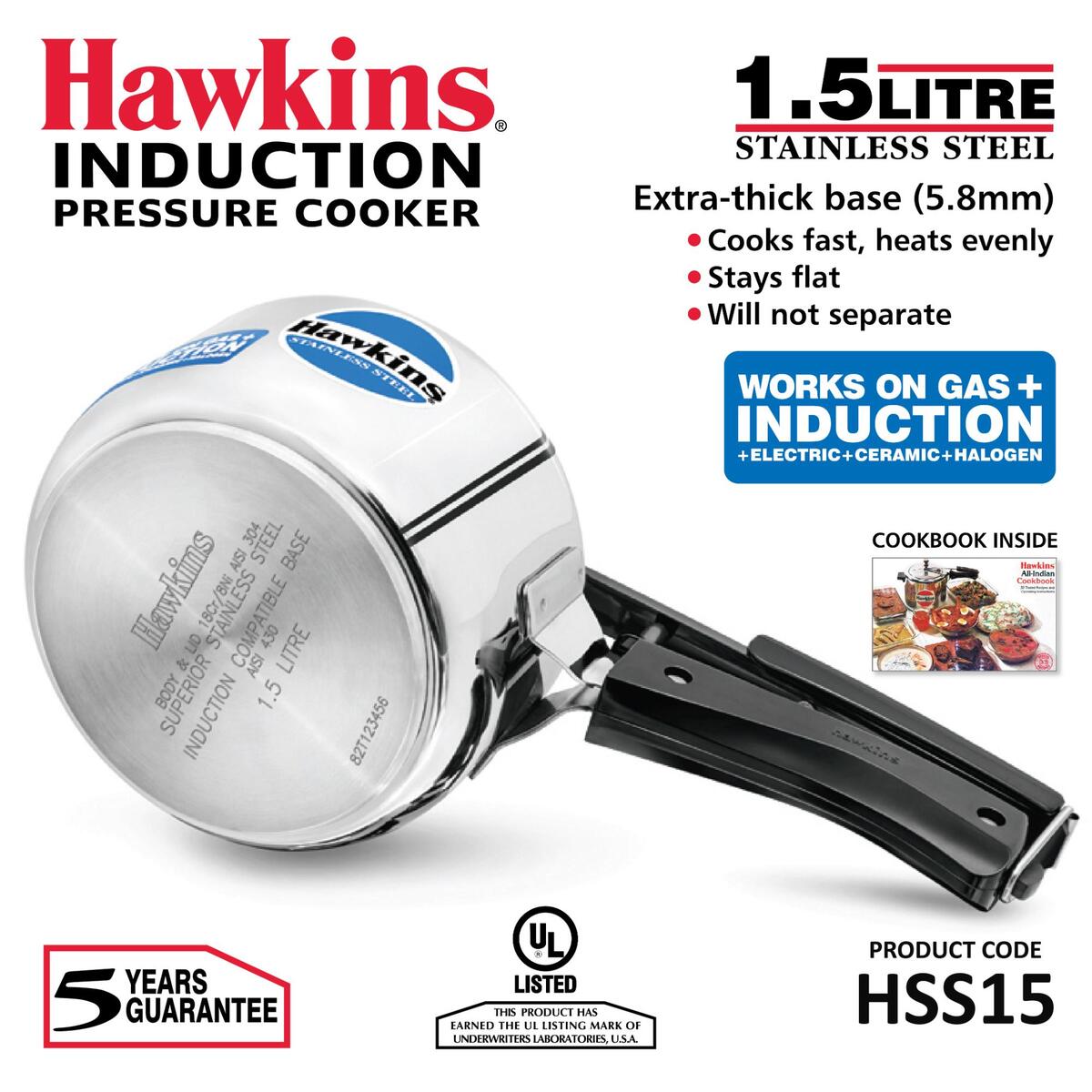 Hawkins Stainless Steel Pressure Cooker HS15 1.5L