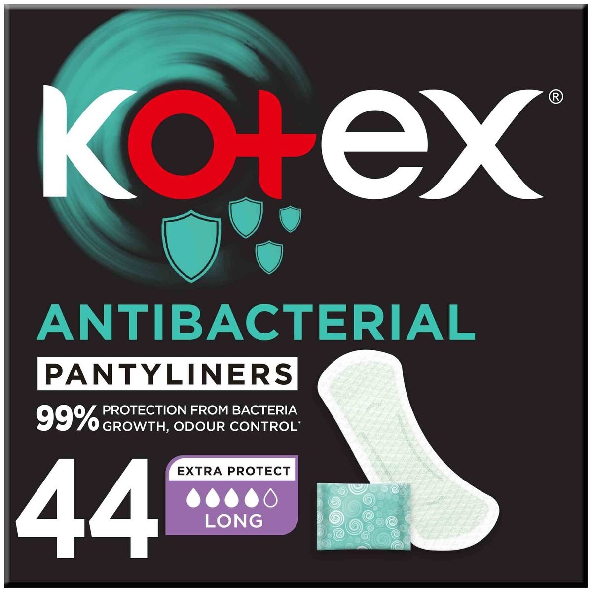 Kotex Antibacterial Panty Liners 99% Protection from Bacteria Growth Long Size 44 pcs