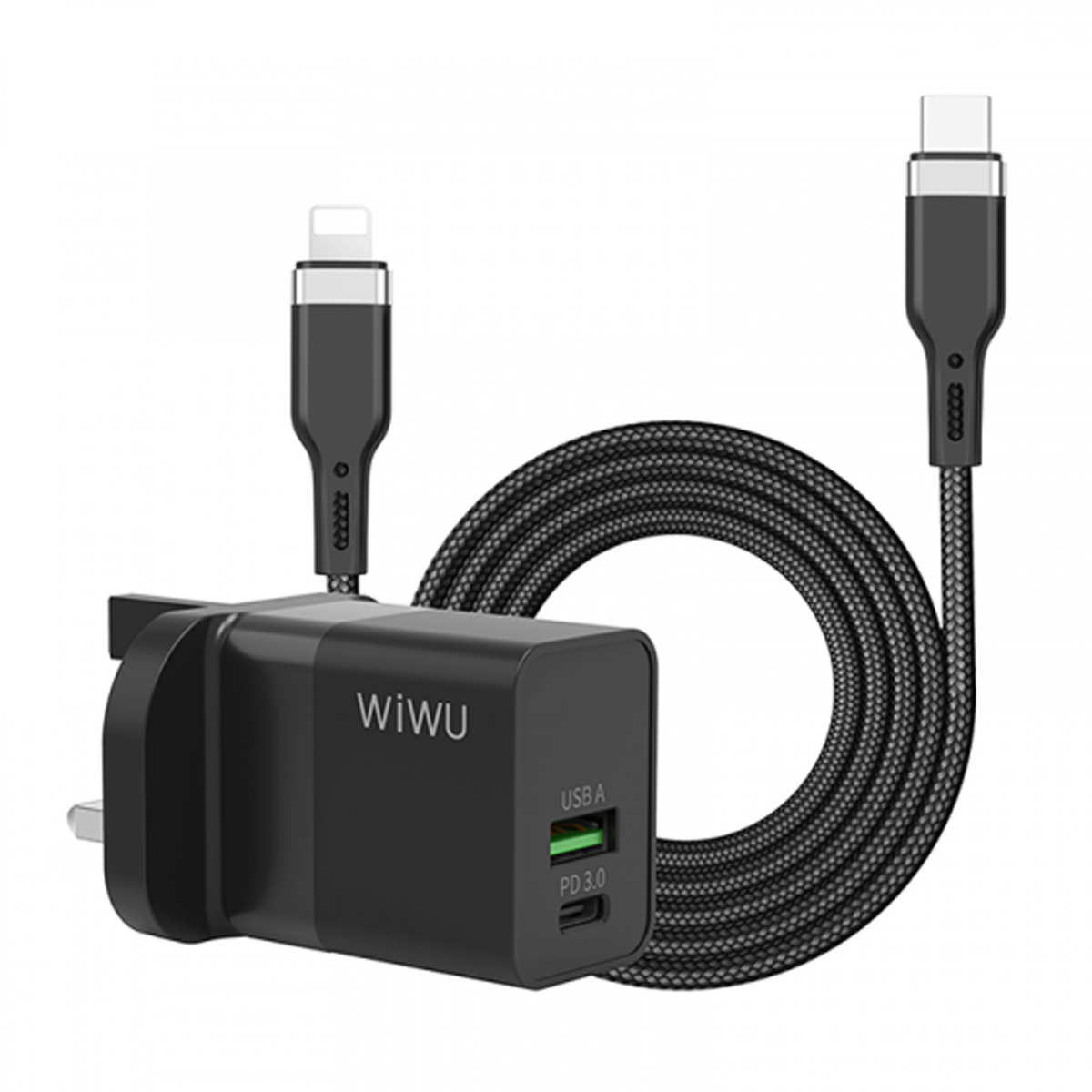 WiWu 30W PD Fast Charger with Type-C to Lightning Cable, QCBTCL, Black