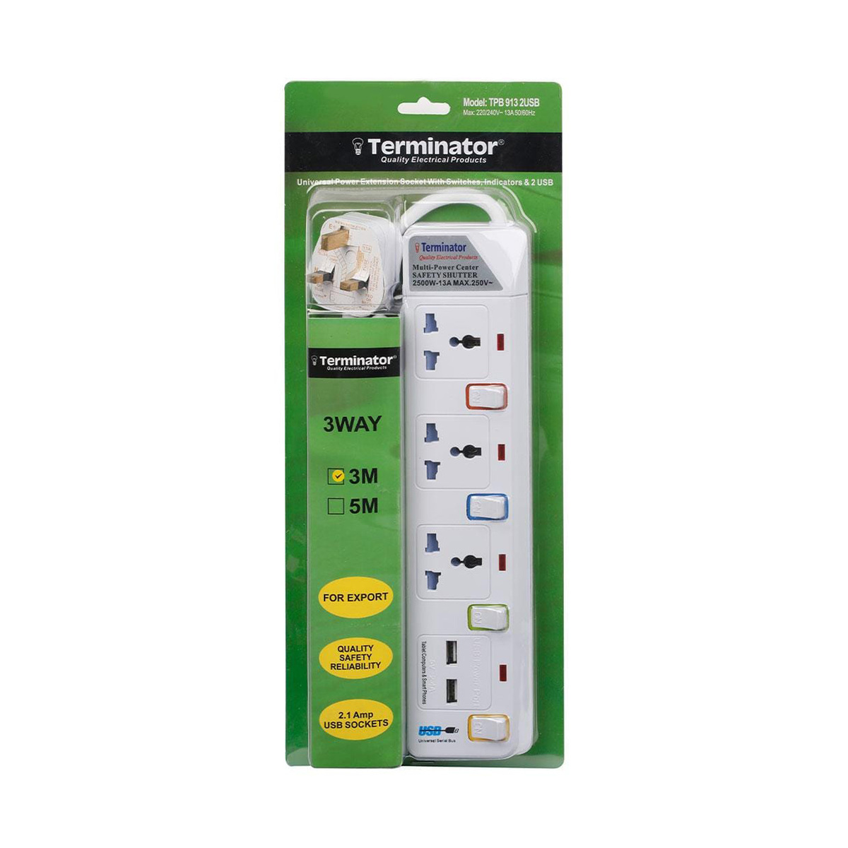 Terminator 3 Way Extension With 2 USB TPB913 3 Meter