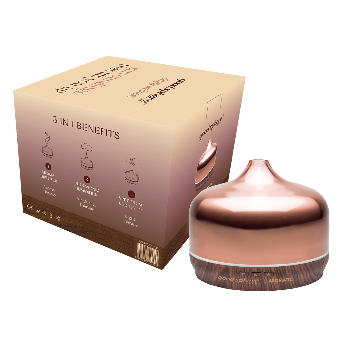 Goodsphere Aromatic 3 in 1 Aroma Diffuser & Ultrasonic Humidifier With Spectrum LED Light, Rose Gold, GS-PY201-RG