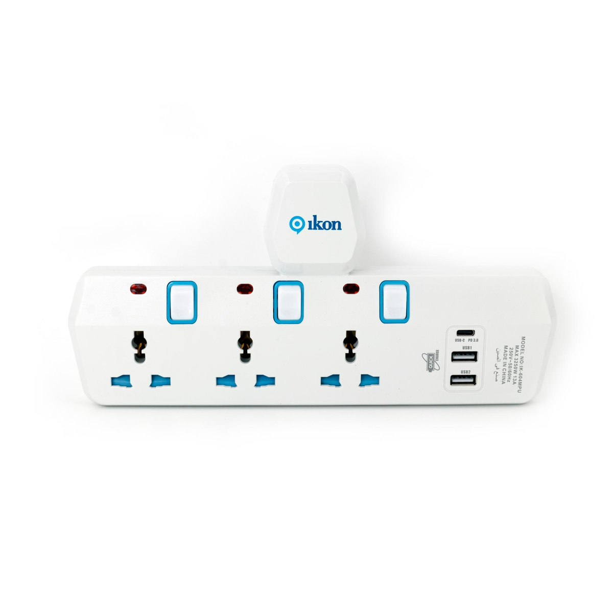 Ikon 4 Way T-Socket Multi Adapter with 2 USB-A and 1USB-C Ports, IK-303MPU