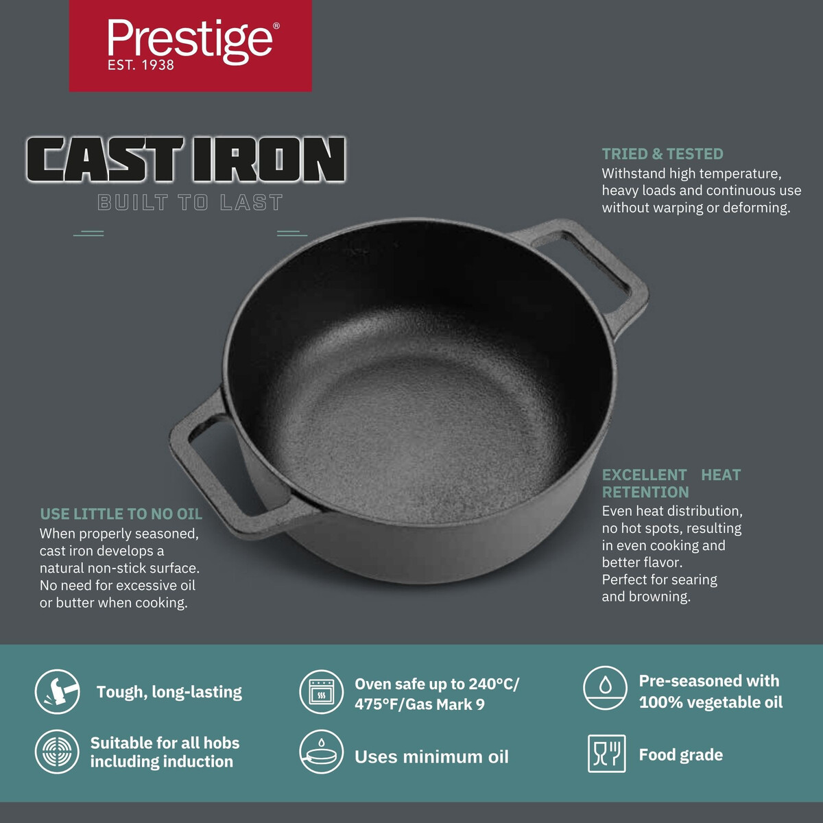 Prestige Pre-Seasoned Cast Iron Cooking Pot / Dutch Oven / Casserole 24 Cm With Glass Lid PR48897