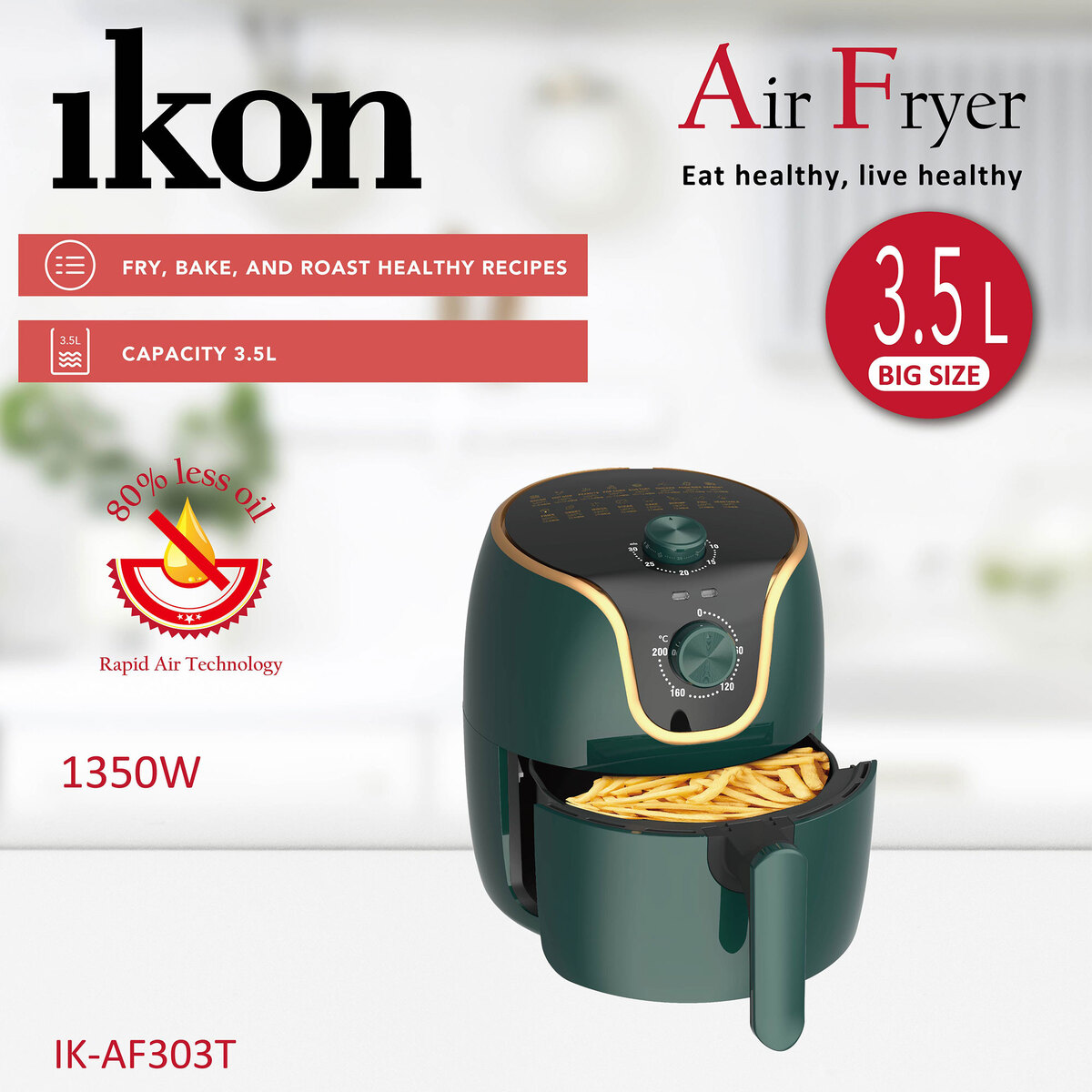 Ikon Air Fryer, 3.5 L, Green, IK-AF303T