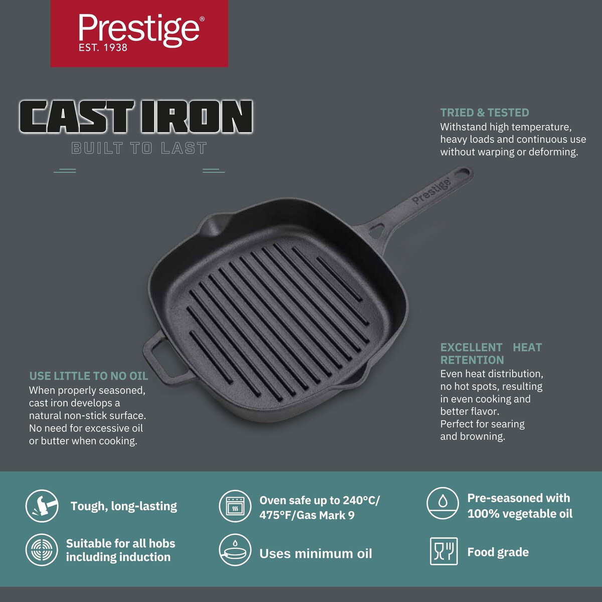 Prestige Pre Seasoned Cast Iron Grill Pan 24 Cm Black PR48886