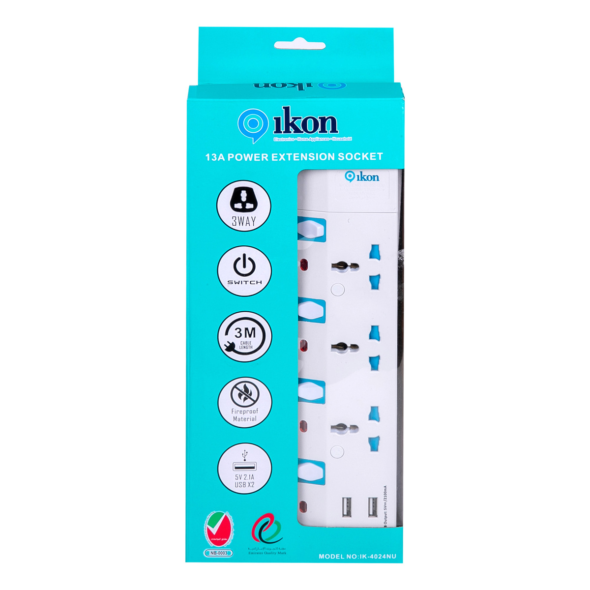 Ikon 3Way Extension with 2 USB, 3 meter, IK-4024NU