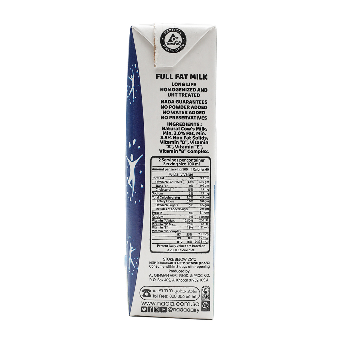 Nada UHT Milk Full Fat Vitamin D 185 ml