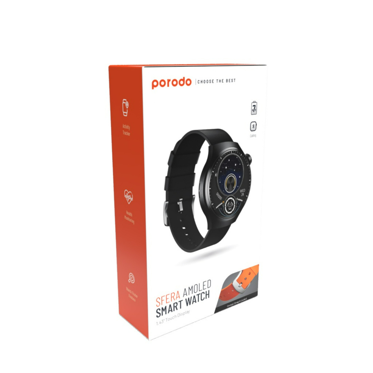 Porodo Smart Watch Sfera Round Titanium with Extra Orange Band, Black