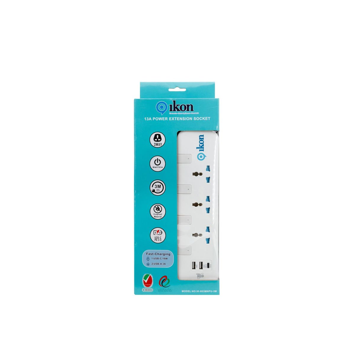 Ikon 3 Way Power Extension Socket with 2 USB-A and 1 USB-C Ports, 3 Mtr, IK-803MNPU