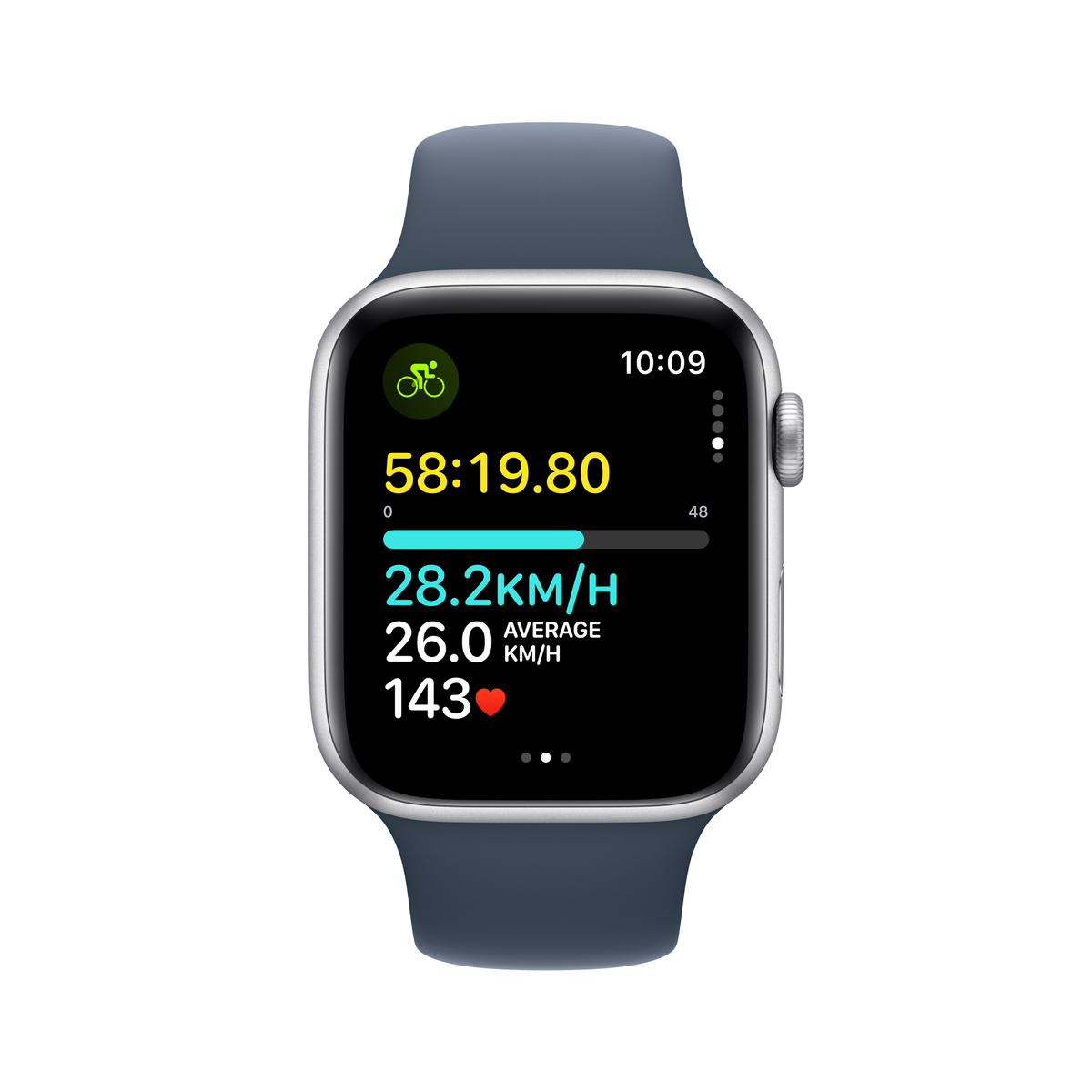 Apple Watch SE GPS, Silver Aluminium Case with Storm Blue Sport Band, 44 mm, M/L, MREE3