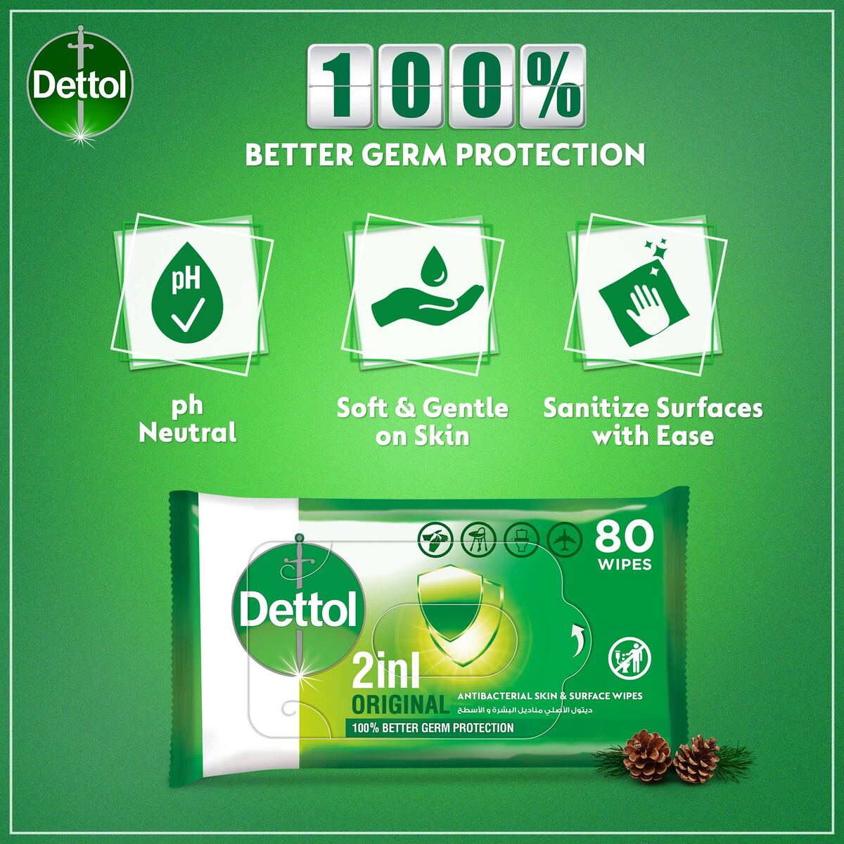Dettol Original 2 in 1 Antibacterial Skin and Surface Wipes for 100% Better Germ Protection 80pcs
