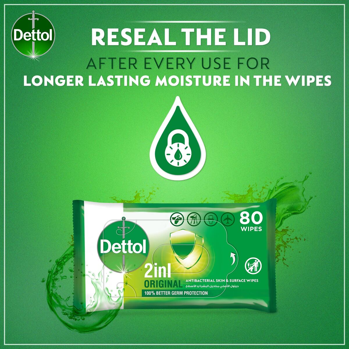 Dettol Original 2 in 1 Antibacterial Skin and Surface Wipes for 100% Better Germ Protection 80pcs