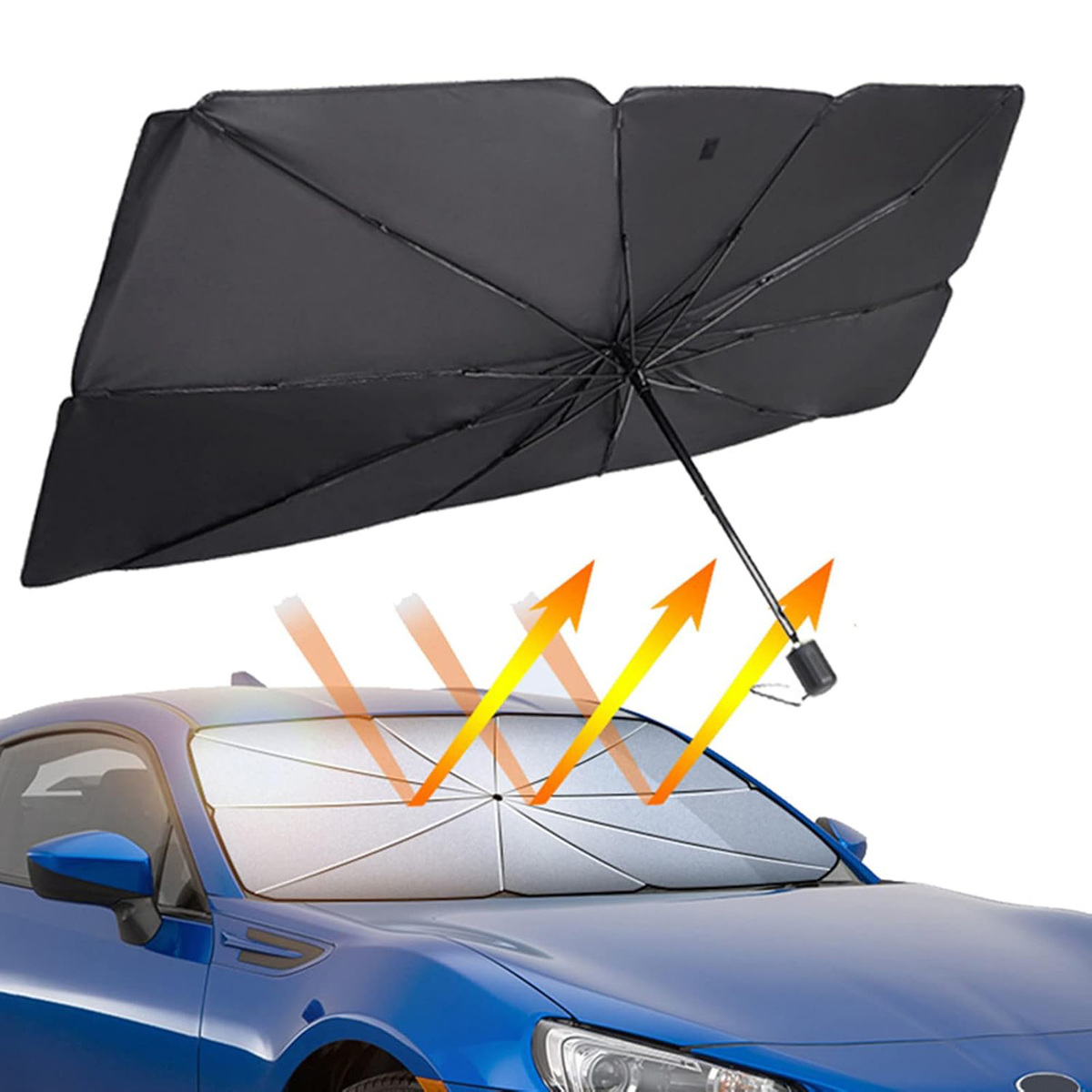 Automate Foldable Car Sunshade Front Windshield Umbrella, 79 x 145 cm, Black/Silver