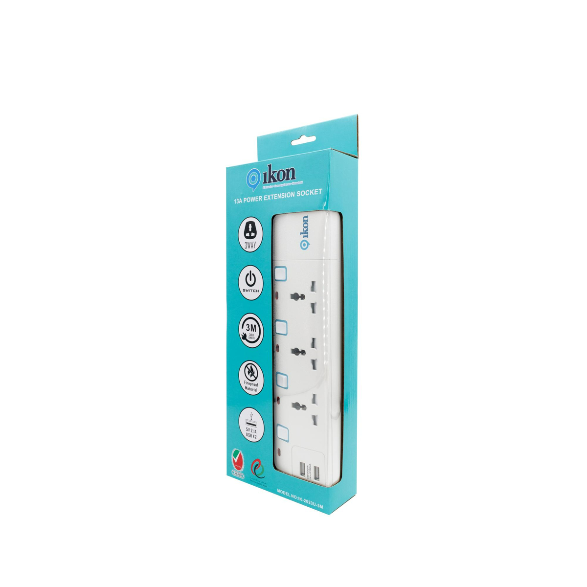 Ikon 3 Way Power Extension Socket with 2 USB, 3 Mtr, IK-2023U