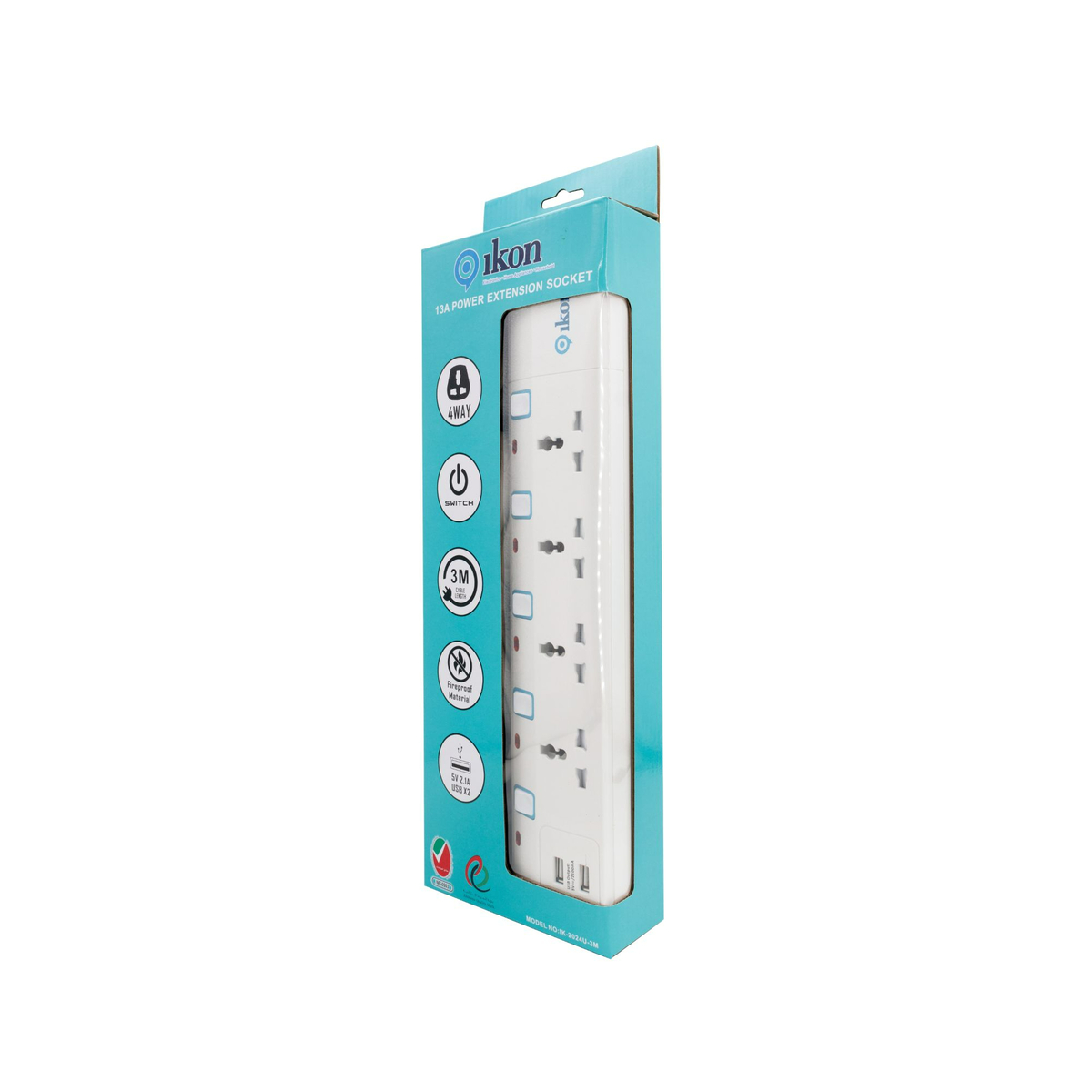 Ikon 4 Way Power Extension Socket with 2 USB Port, 3m Cable Length, IK-2024U