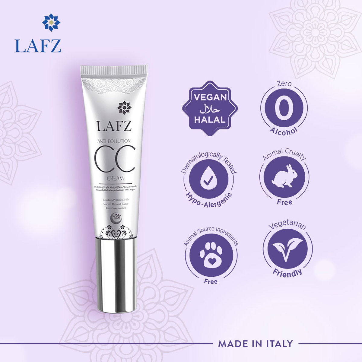 Lafz Anti-Pollution CC Cream, Non-Sticky Formula for Long-Lasting Radiant Finish, Made in Italy, Halal & Vegan, 30 ml, Light Beige