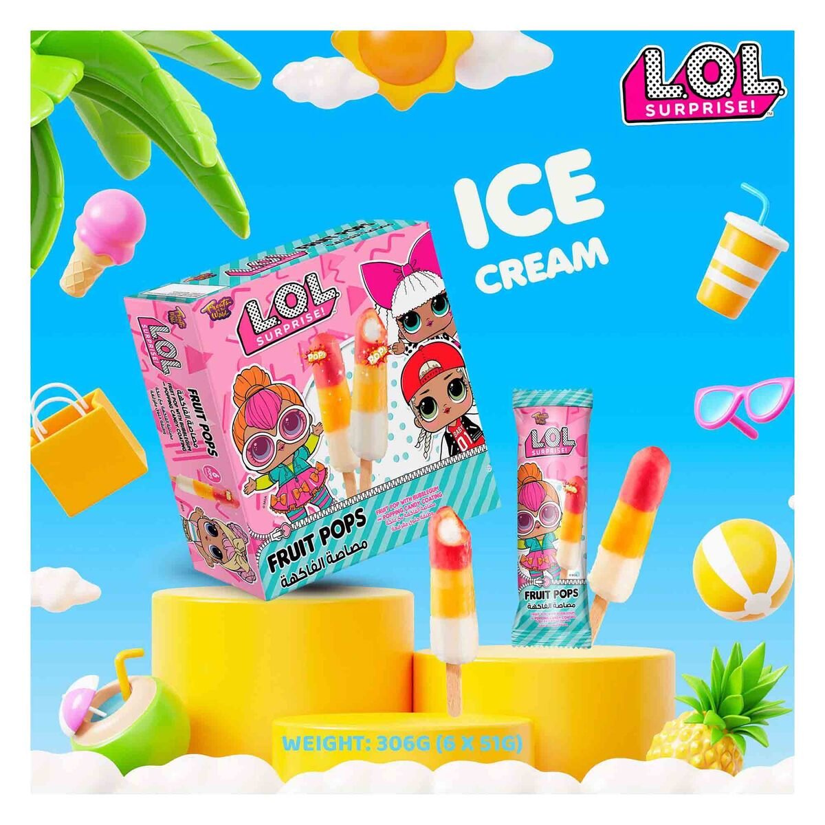 L.O.L. Surprise Fruit Pops with Bubblegum and Popping Candy Coating 6 x 51 g