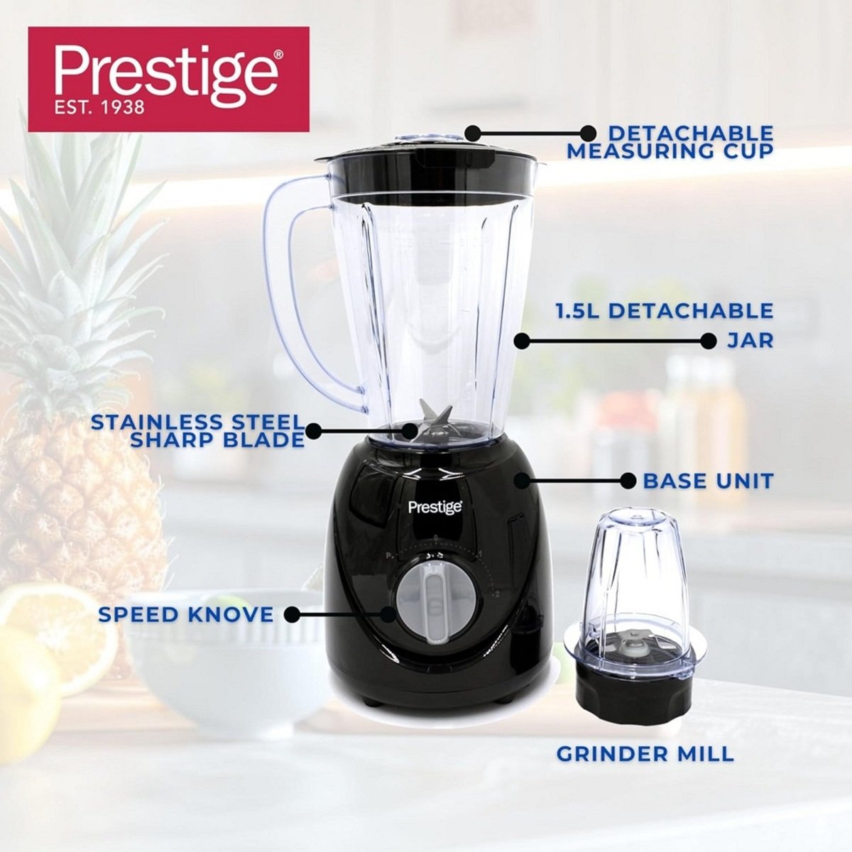 Prestige 2 in 1 Stand Blender PR81529 1.5Ltr, 400W Black