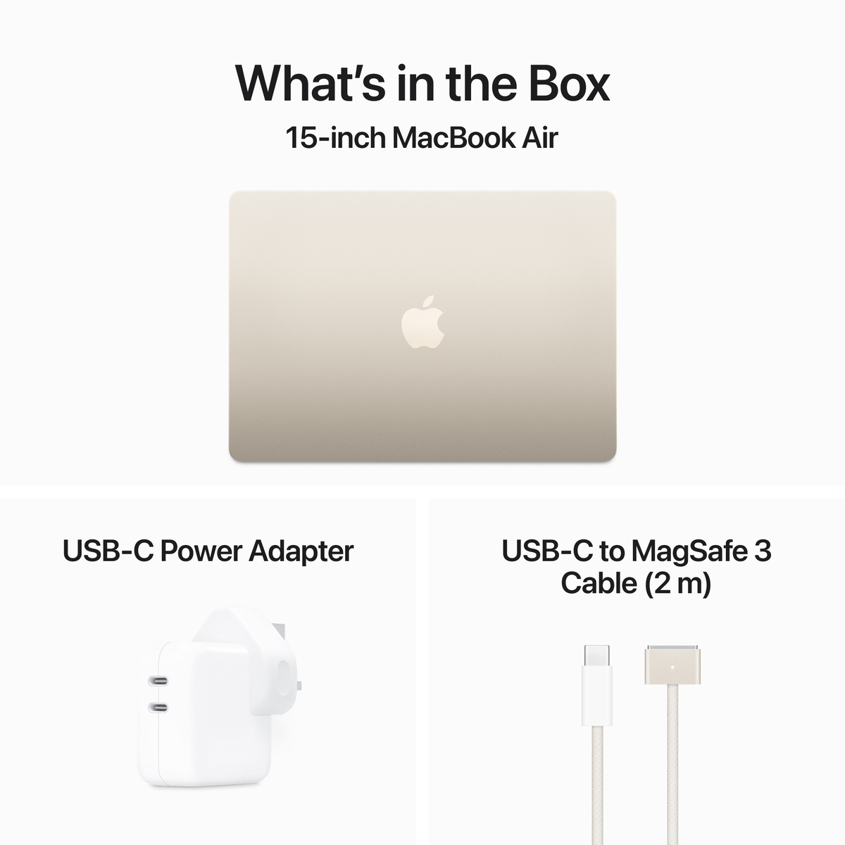 Apple MacBook Air, 15 inches, 8 GB RAM, 256 GB SSD, Apple M3 chip with 8-core CPU and 10-core GPU, macOS, English, Starlight