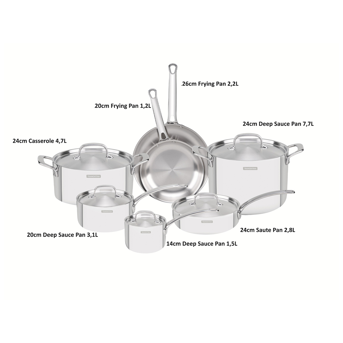 Tramontina Grano 12 pc Stainless Steel Cookware Set including Lid with Tri-ply Body, 65240028