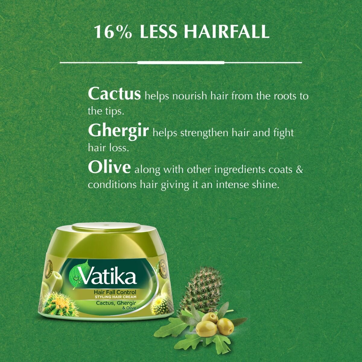 Vatika Naturals Hair Fall Control Styling Hair Cream Ghergir Cactus & Olive Strengthens & Nourishes Weak Hair 210 ml