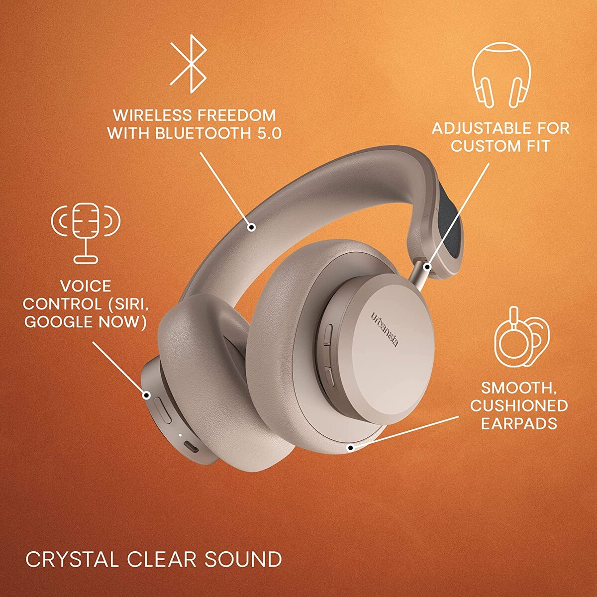 Urbanista Los Angeles Solar Powered Active Noise Cancelling Headphones with Infinite Playtime, Powerfoyle Self Charging Wireless Over Ear Bluetooth 5.0 Earphones, On Ear Detection, Sand Gold