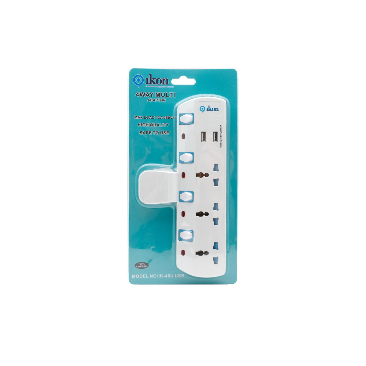 Ikon 4 Way Power Adaptor with 2 USB Port, IK-40U