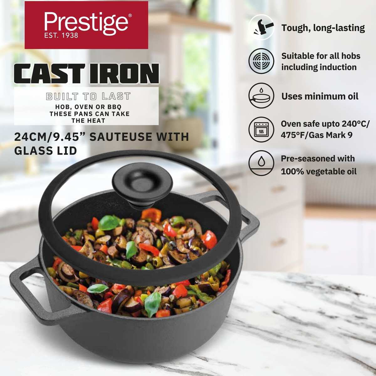 Prestige Pre-Seasoned Cast Iron Cooking Pot / Dutch Oven / Casserole 24 Cm With Glass Lid PR48897